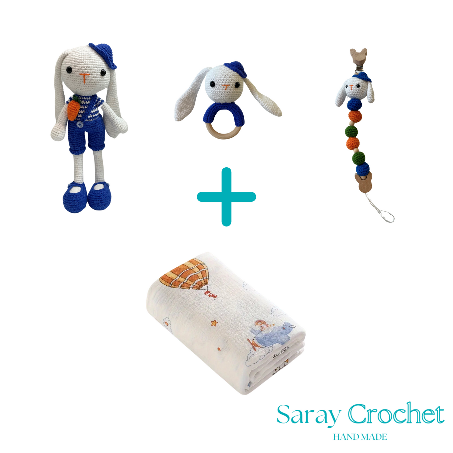 Collection of handmade toys and a blanket with 'Saray Crochet' branding on a white background.