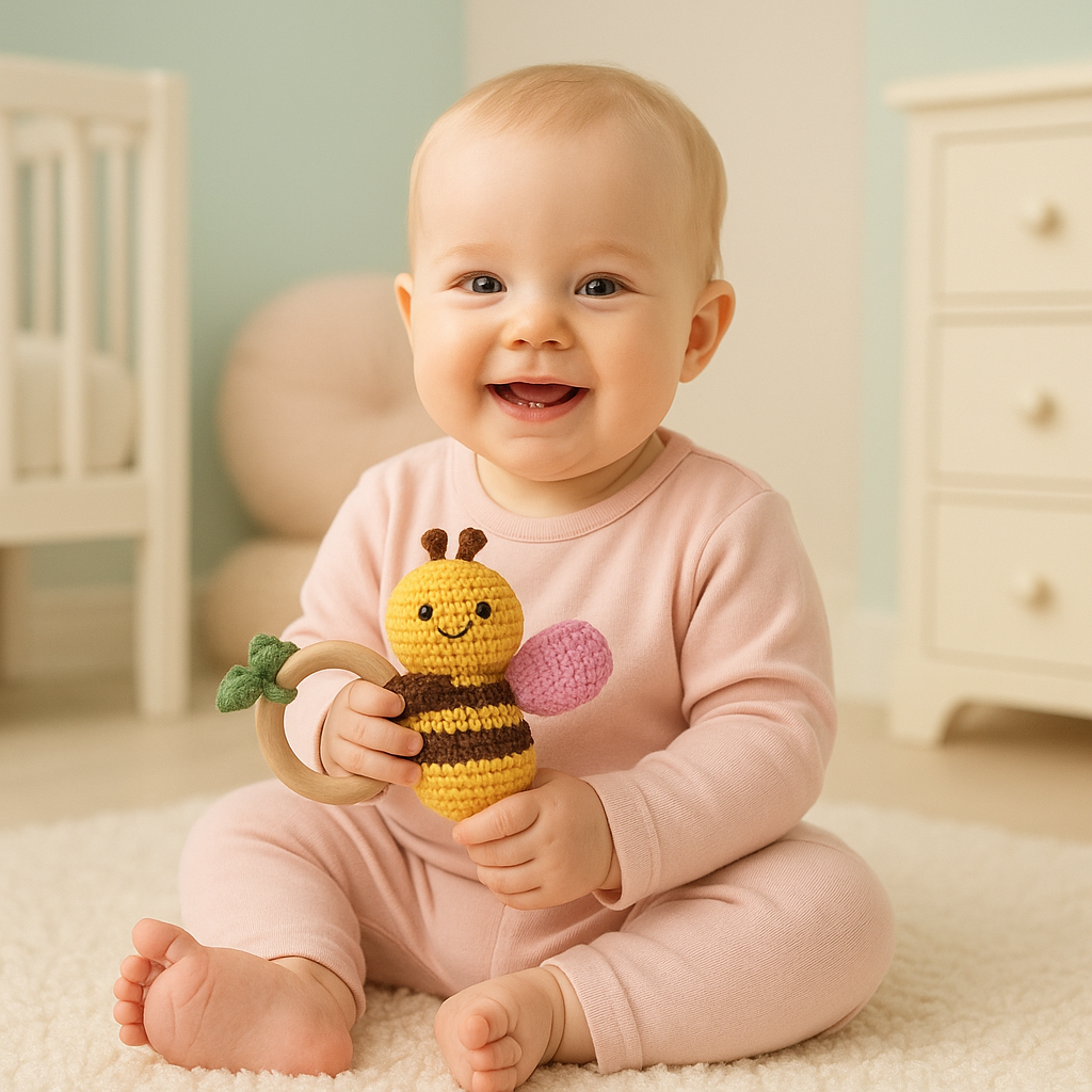 Baby holding a bee-shaped toy in a nursery setting