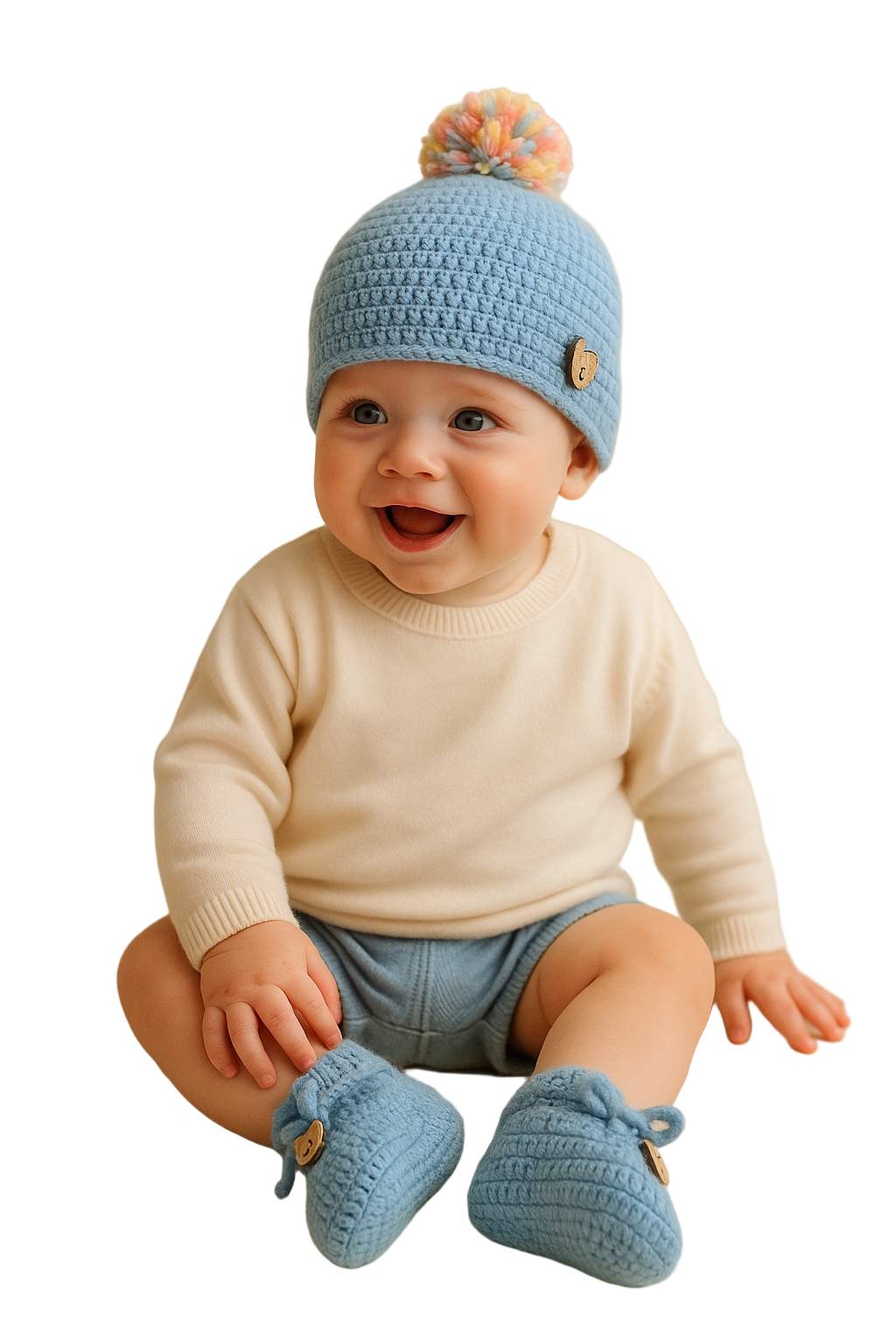 Baby wearing a blue knit hat and matching booties on a white background