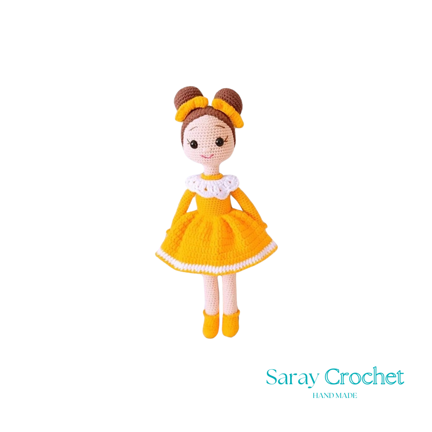 Handmade doll with a yellow dress and white apron, wearing a brown hat with a bow, and matching yellow shoes.