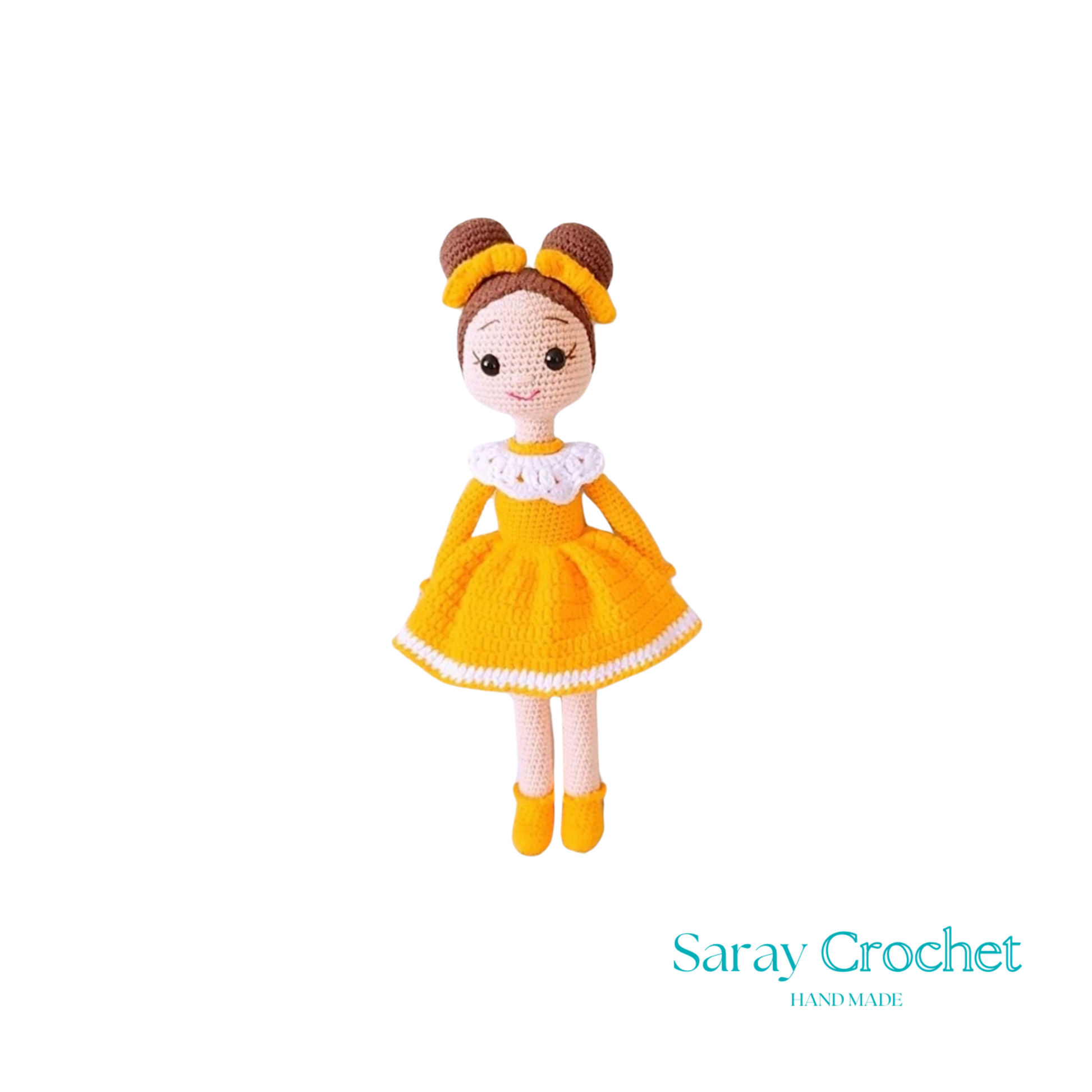 Handmade doll with a yellow dress and white apron, wearing a brown hat with a bow, and matching yellow shoes.