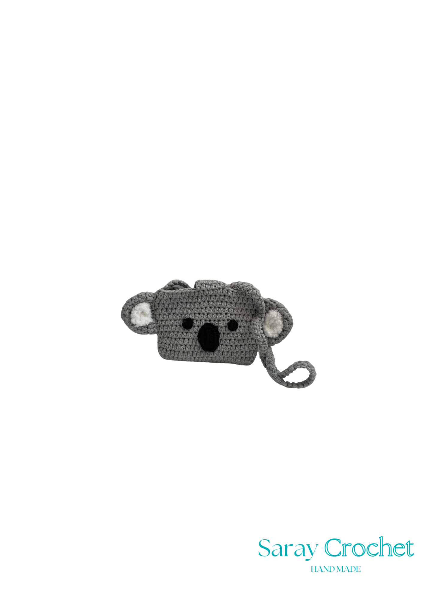 Gray crochet koala toy on a white background with 'Saray Crochet' branding.
