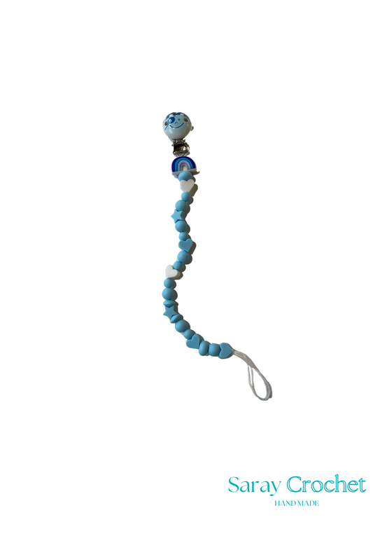 Blue beaded crochet hook case with 'Saray Crochet' branding on a white background