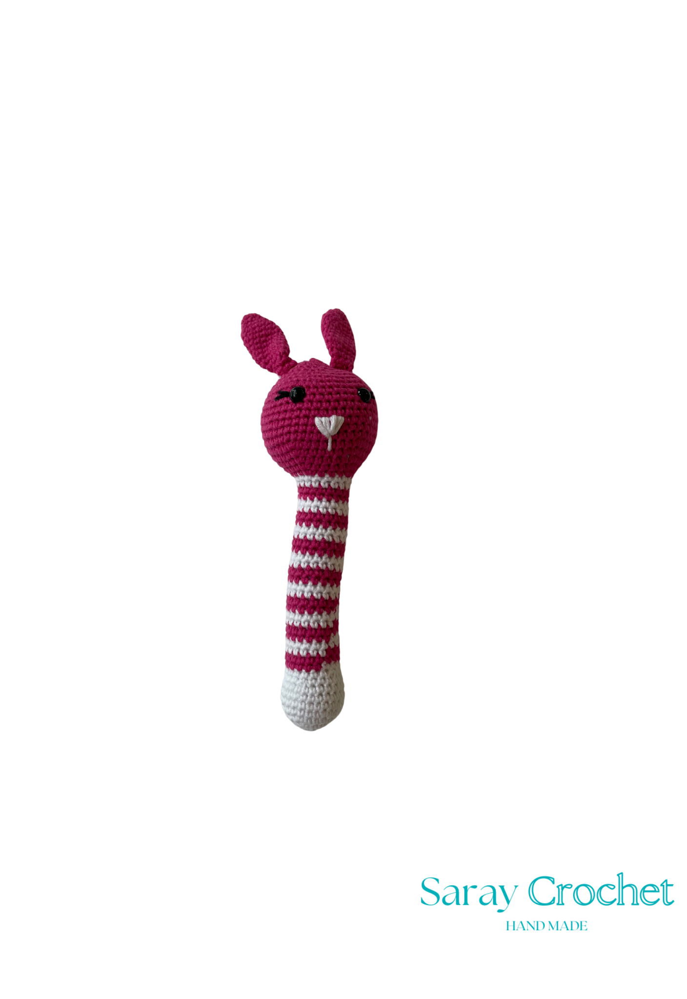 Handmade crochet toy with pink and white striped handle on a white background, branded 'Saray Crochet'.