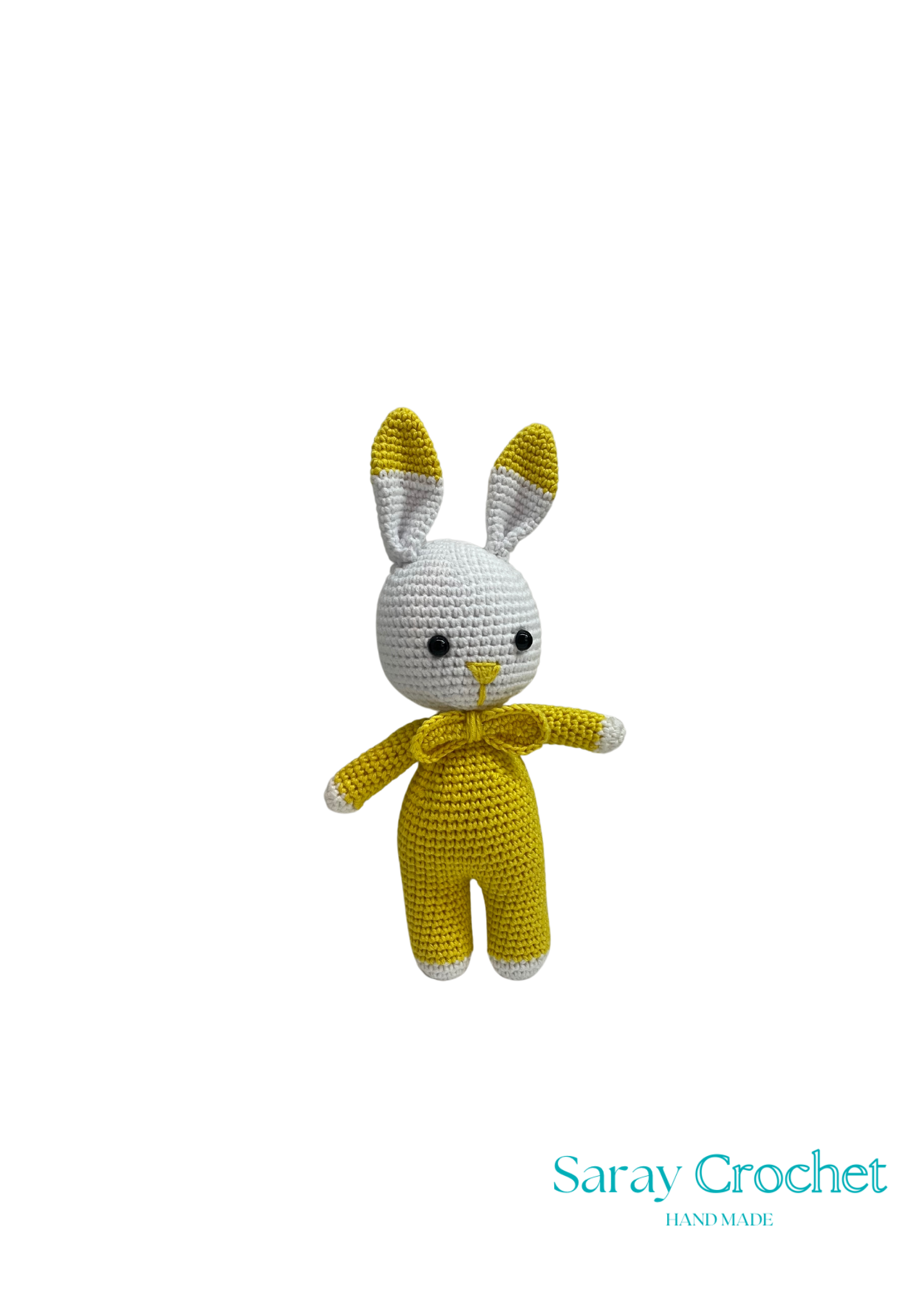 A handcrafted plush toy rabbit with a yellow body and white face, ears, and feet, named Sofi, made by SarayCrochet.
