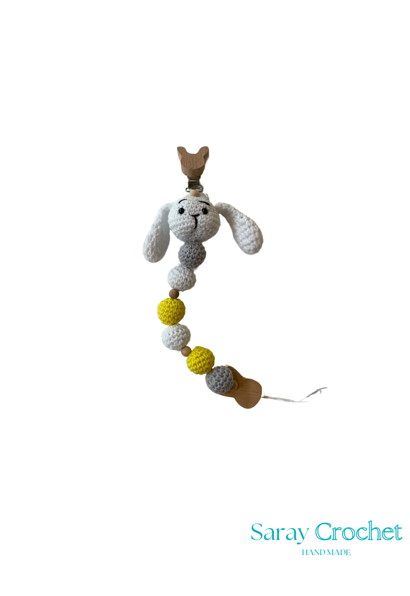 Crocheted toy with bunny design on a white background, branded 'Saray Crochet'.