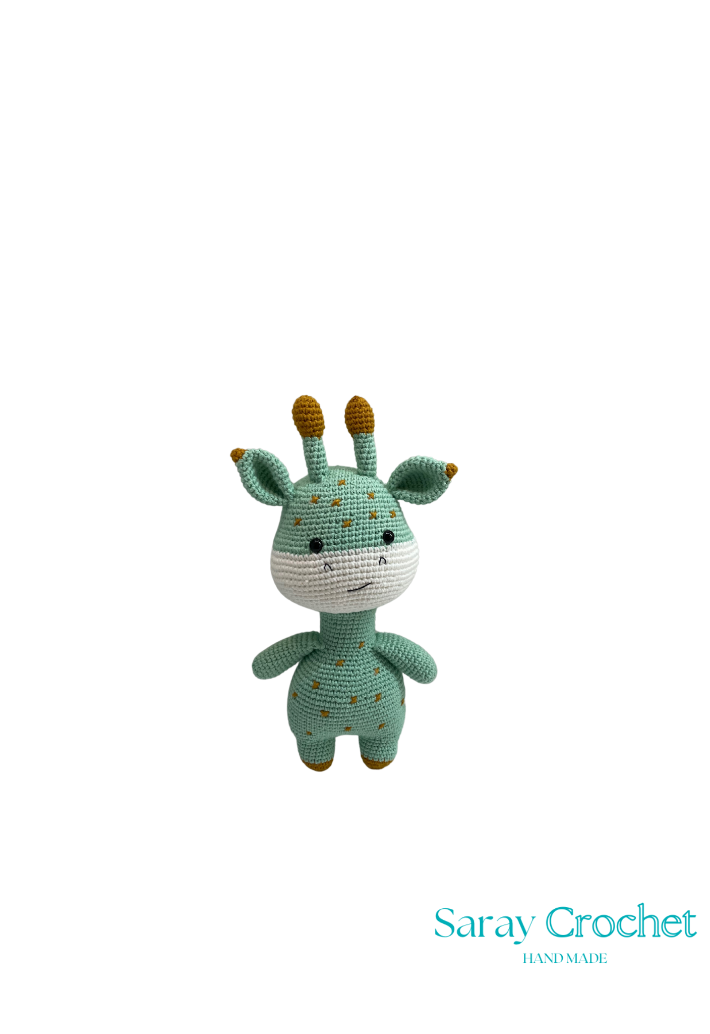 Crocheted giraffe toy with brown accents on a white background, branded 'Saray Crochet'.