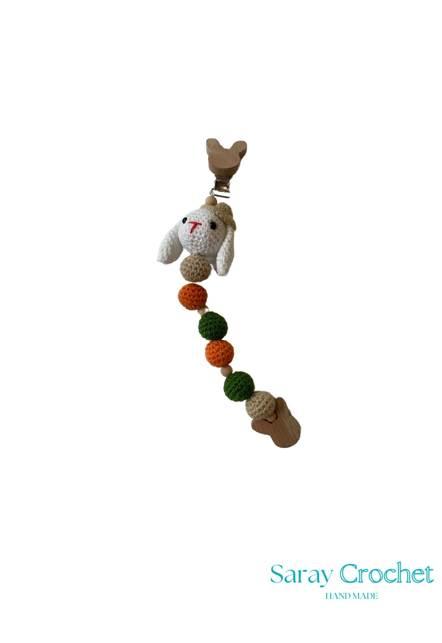 Crocheted animal toy with colorful beads on a white background, branded 'Saray Crochet'.