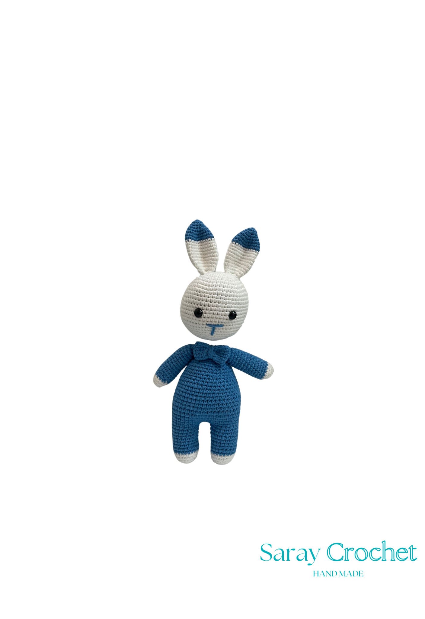 Crocheted blue bunny toy on a white background
