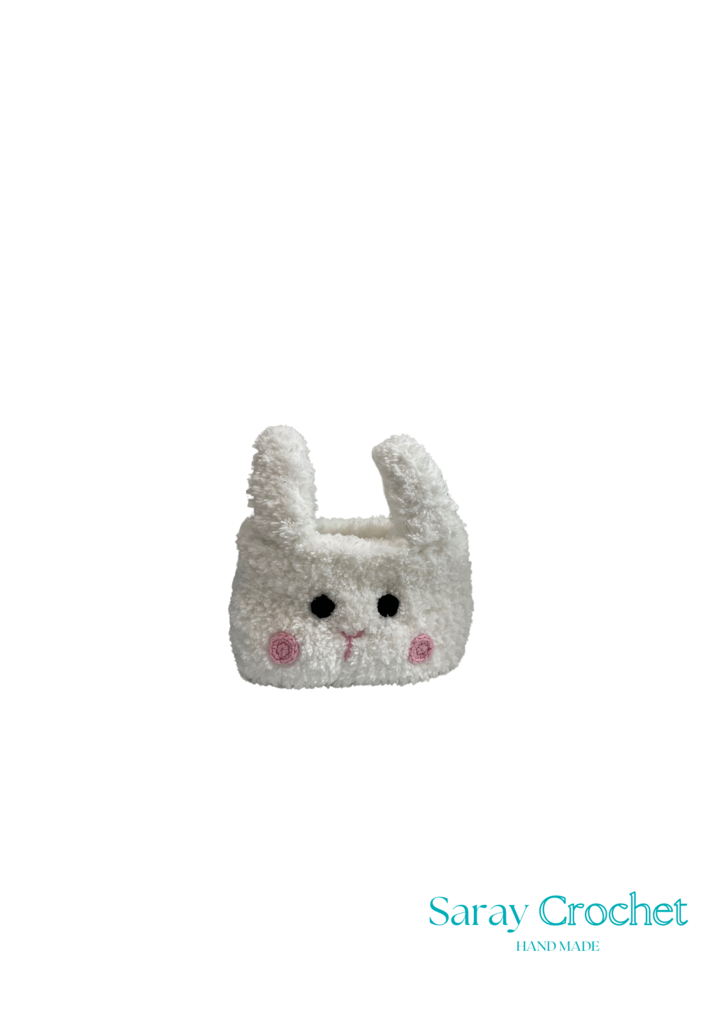 Crocheted rabbit plush toy with pink cheeks on a white background, branded 'Saray Crochet'.