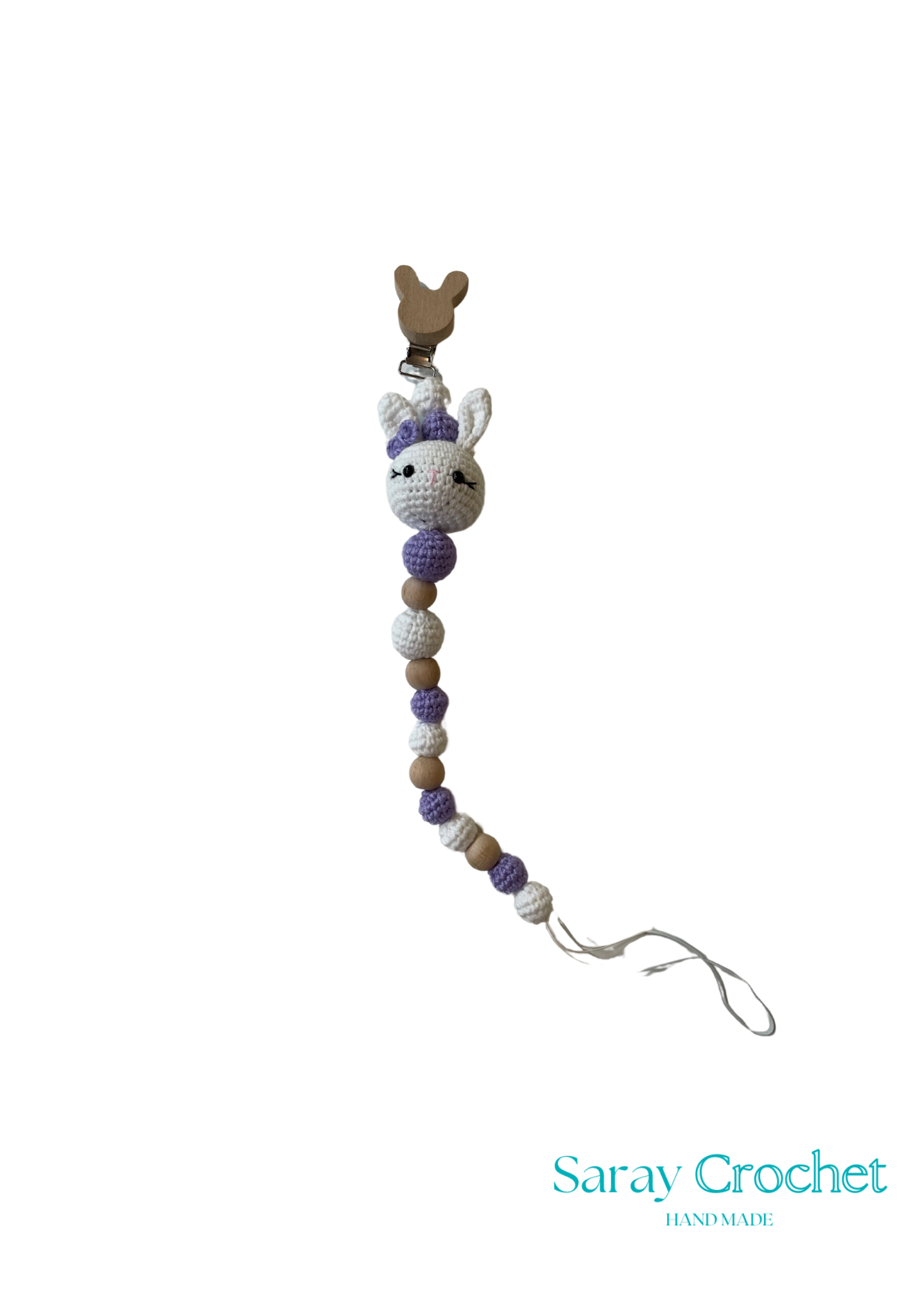 Crocheted lanyard with a small plush toy on a white background, branded 'Saray Crochet'.