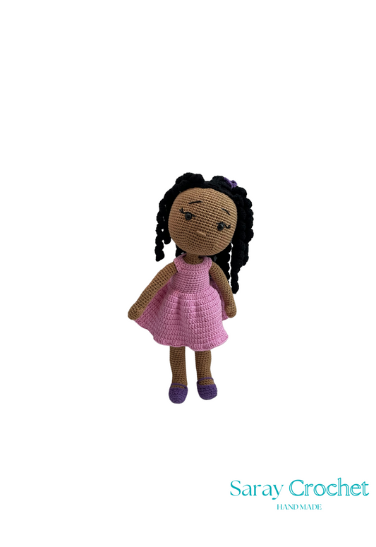 Handmade doll with a pink dress and black hair, standing 40 cm tall.