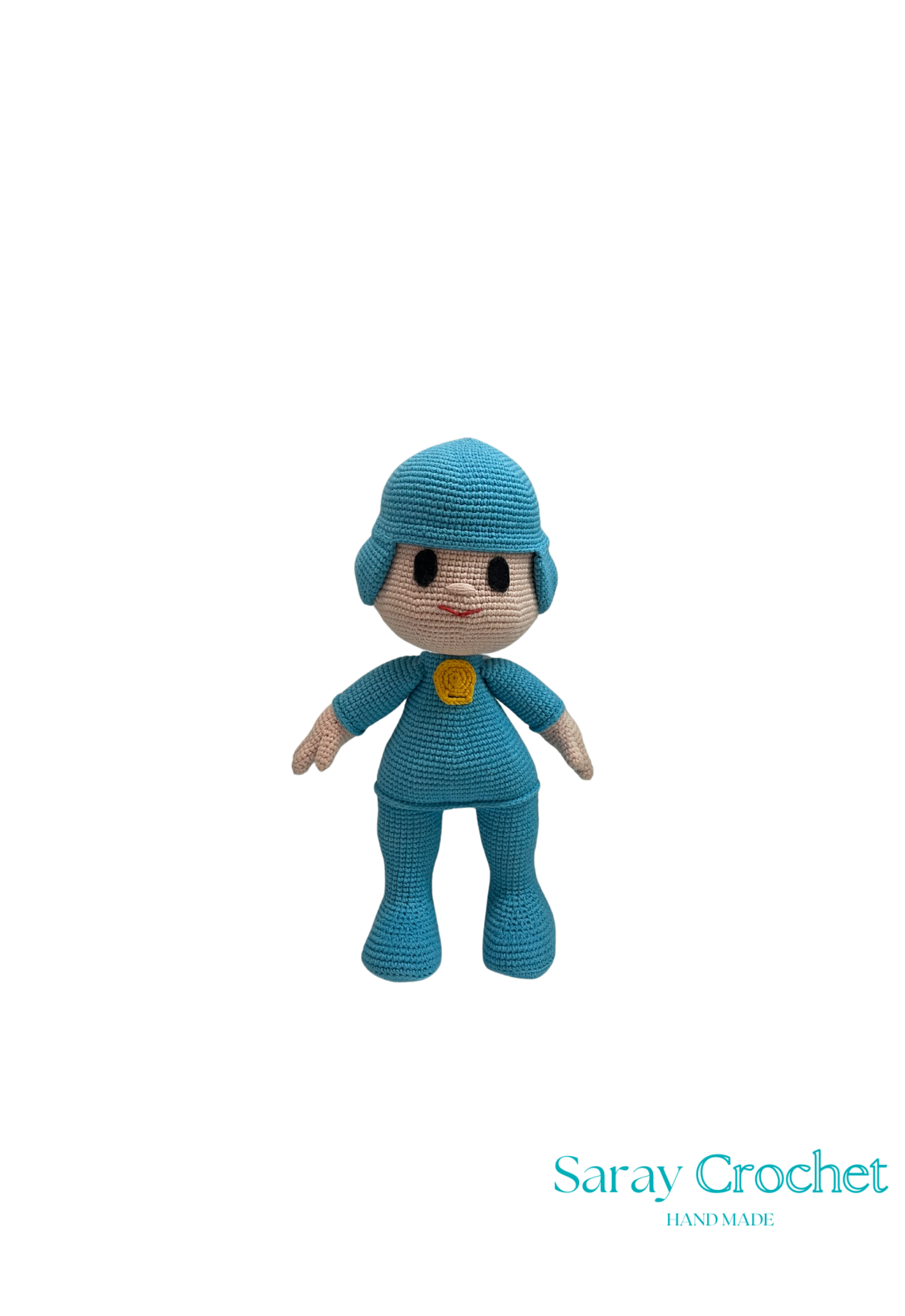 Handmade blue Pocoyo doll from SarayCrochet collection, with a blue hat and outfit, standing against a white background.