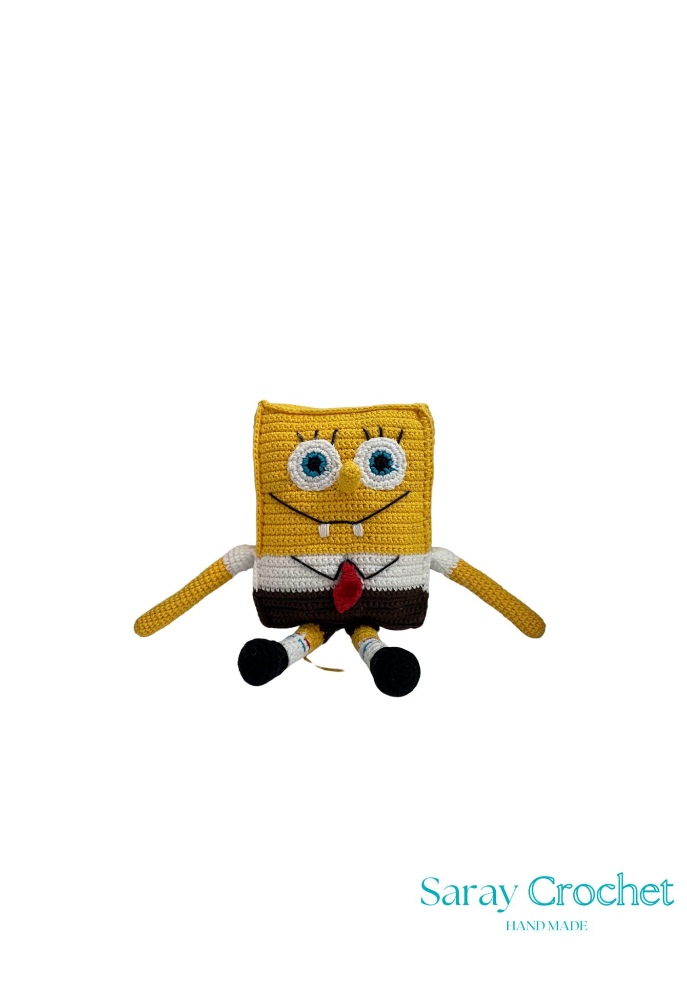 Handmade crochet doll resembling a cartoon character with a yellow body, black eyes, and a red tie, named Spučva Bob.