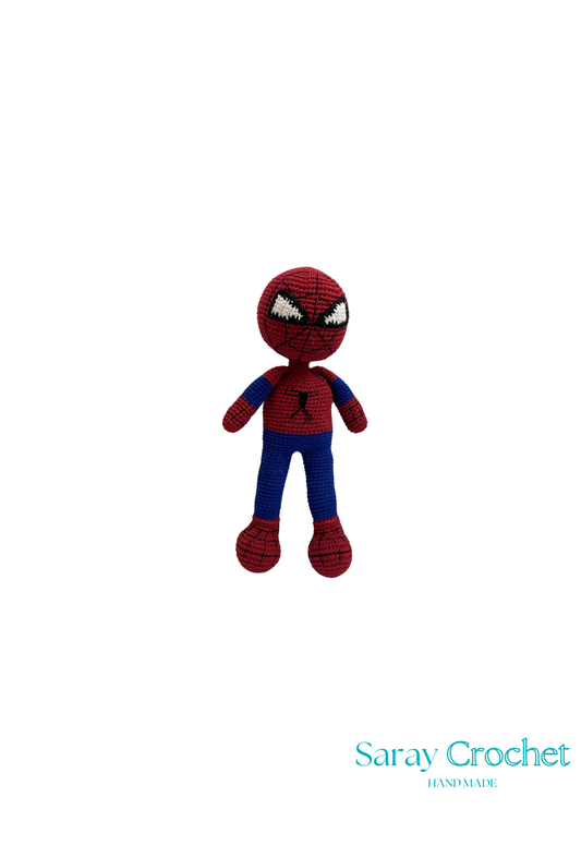 A plush toy resembling Spider-Man, with a red and blue costume and black eyes on the mask.