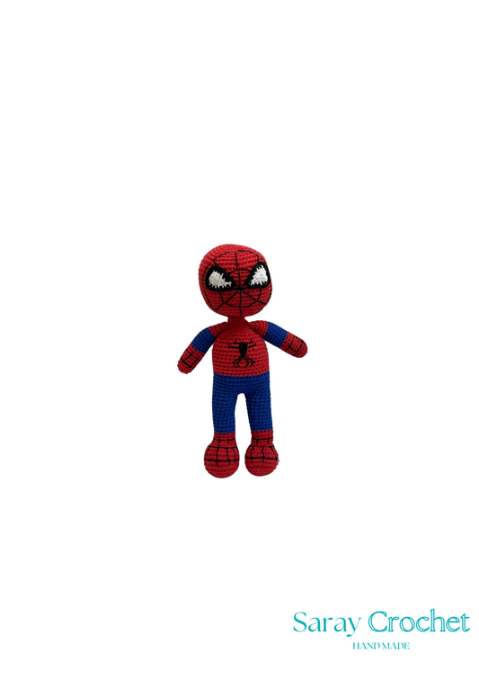 A plush toy resembling Spider-Man, with a red and blue costume, posed upright.