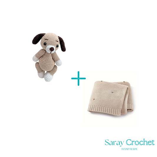 Crocheted dog toy and blanket with 'Saray Crochet' branding on a white background
