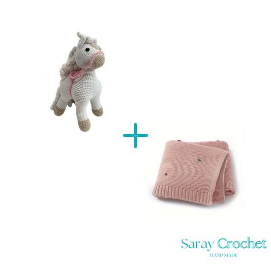 Knitted unicorn toy and pink blanket with Saray Crochet branding on a white background