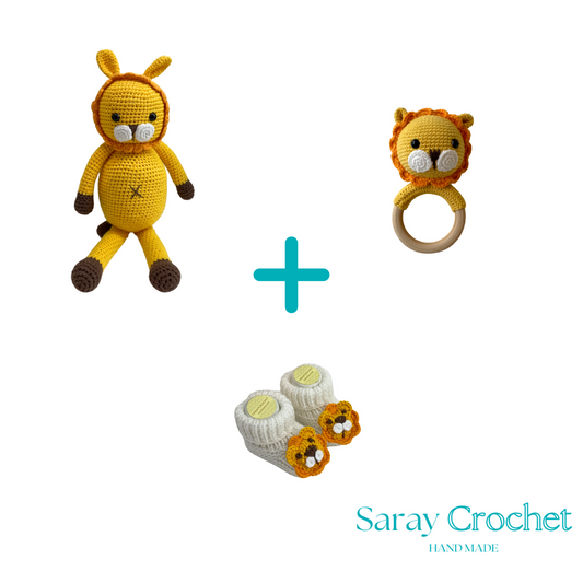 Crocheted toy, ring, and booties with 'Saray Crochet' branding on a white background.