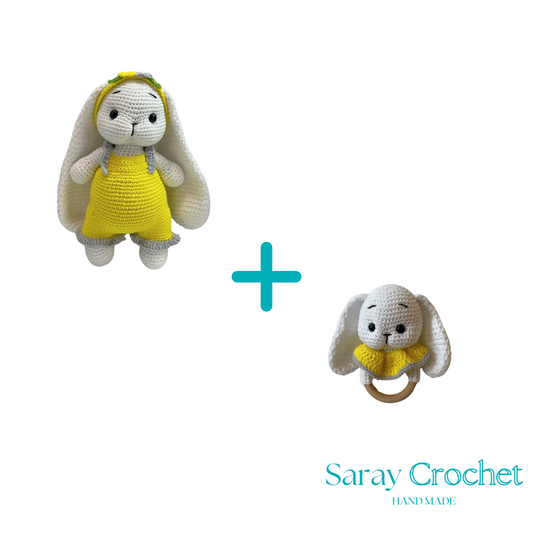 Two crocheted toys, one with a yellow dress and the other with a ring, on a white background with 'Saray Crochet' branding.