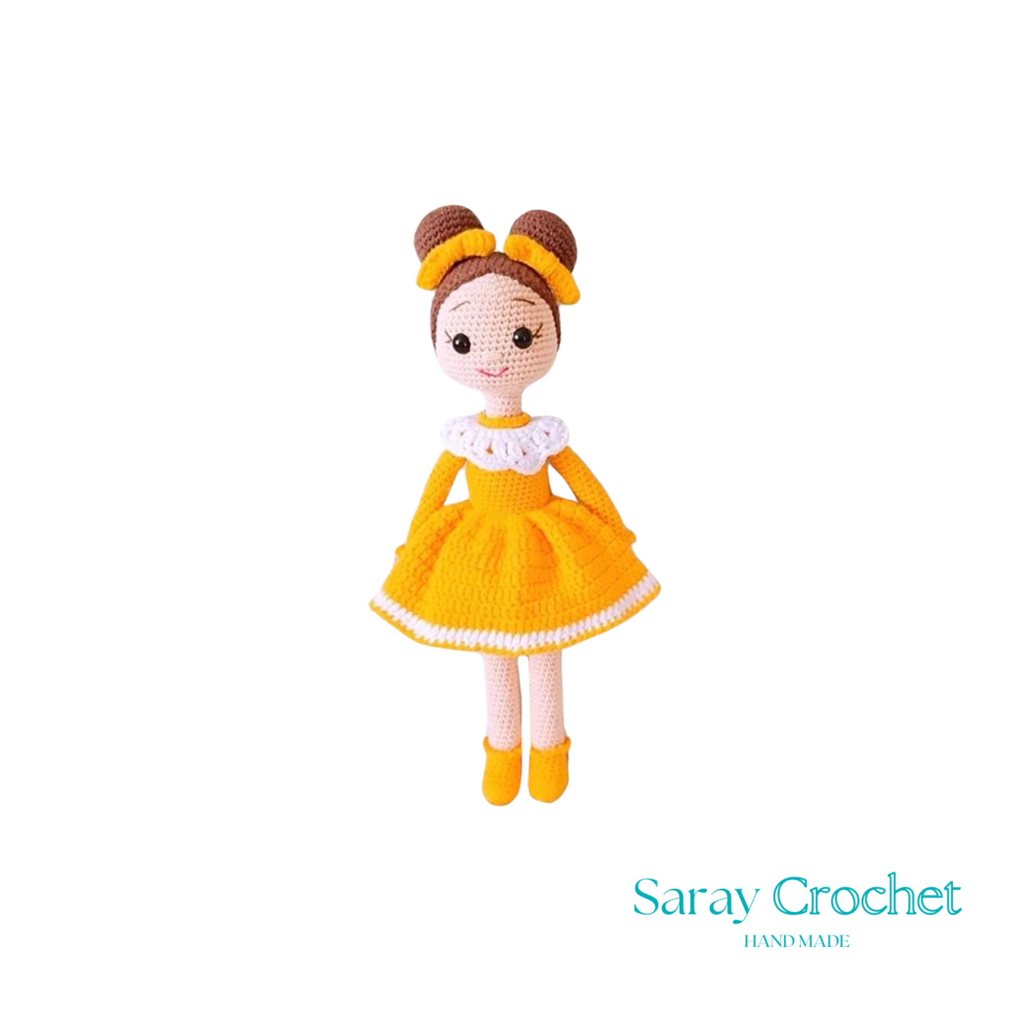 Handmade doll with a yellow dress and white apron, wearing a brown hat with a bow, and matching yellow shoes.