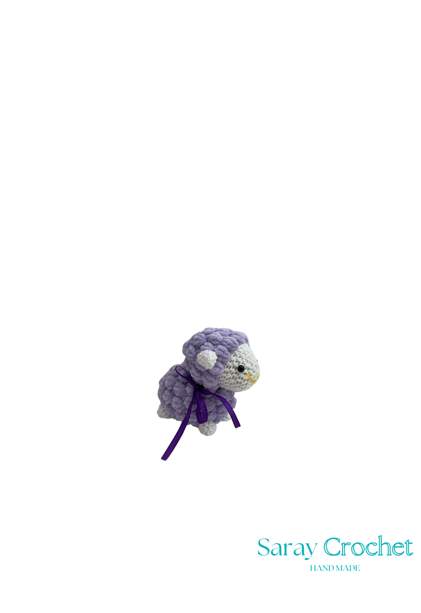 Purple crochet sheep toy on a white background with 'Saray Crochet' branding.