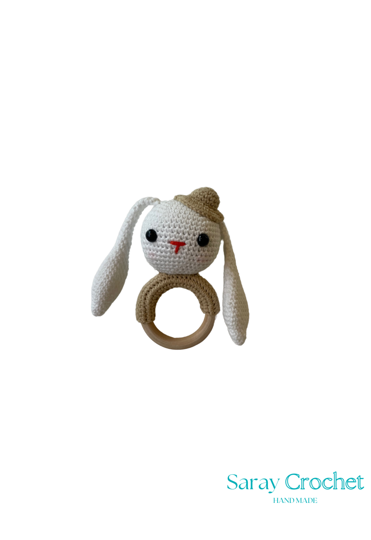 Crocheted bunny ring with a plain white background and 'Saray Crochet' branding.