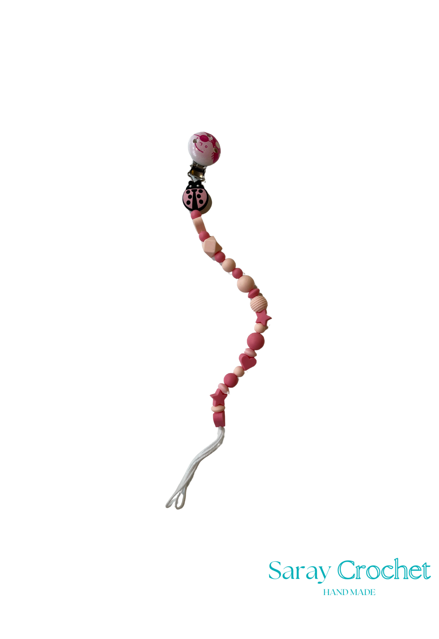 Beaded crochet hook with pink and white beads on a white background, branded 'Saray Crochet'.