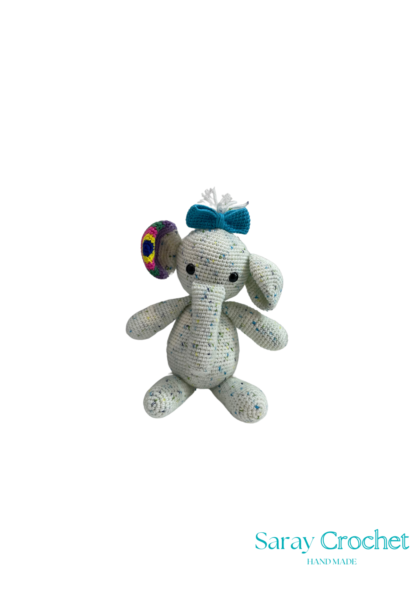 Crochet elephant toy with colorful details on a white background