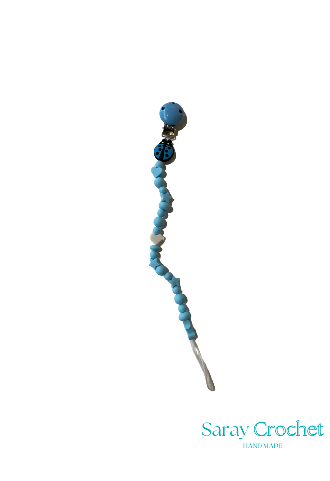 Crochet hook with blue beads on a white background, branded 'Saray Crochet'.