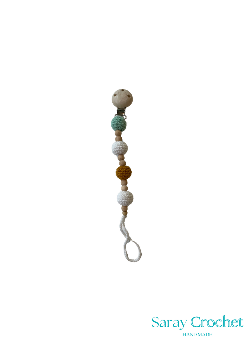 Colorful beaded pacifier clip on a white background with 'Saray Crochet' branding.