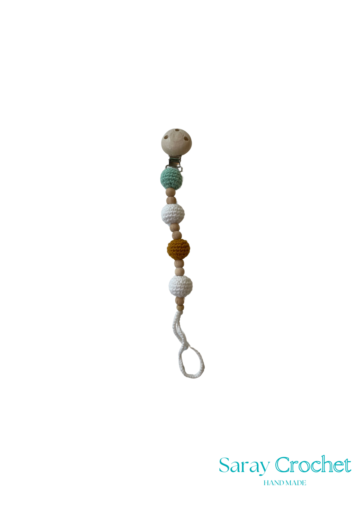 Colorful beaded pacifier clip on a white background with 'Saray Crochet' branding.