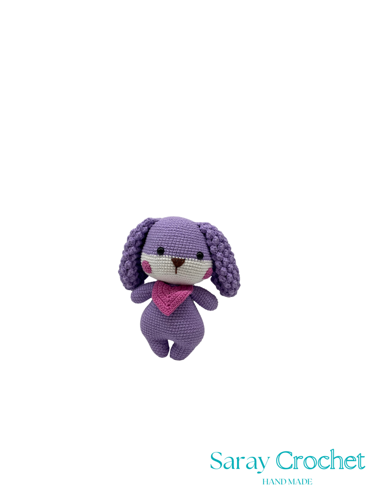 Purple crochet dog toy with a pink bandana on a white background, branded 'Saray Crochet'.