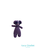 Purple crochet teddy bear on a white background with 'Saray Crochet' branding.