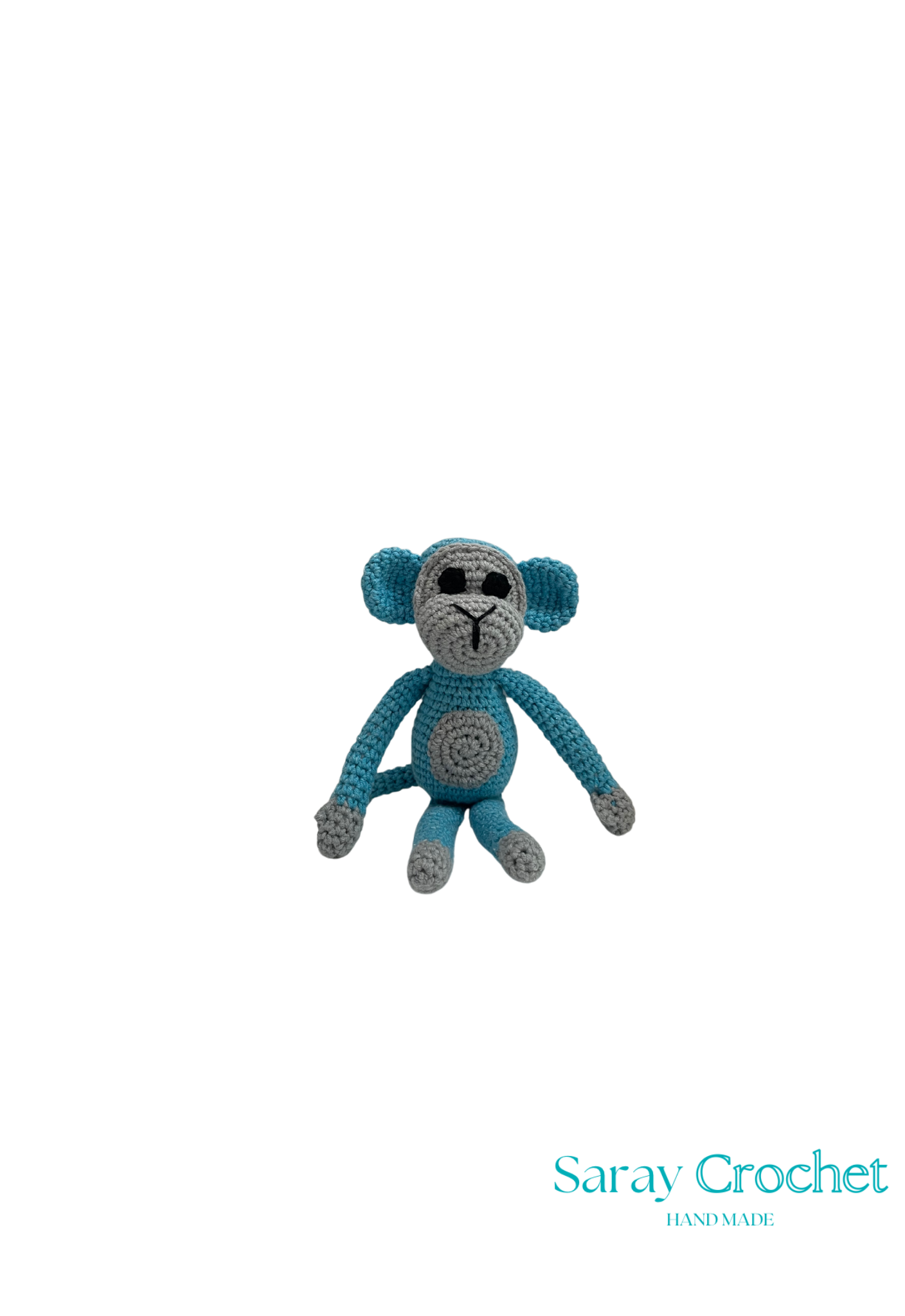 Crocheted monkey toy in blue and gray on a white background with 'Saray Crochet' branding.