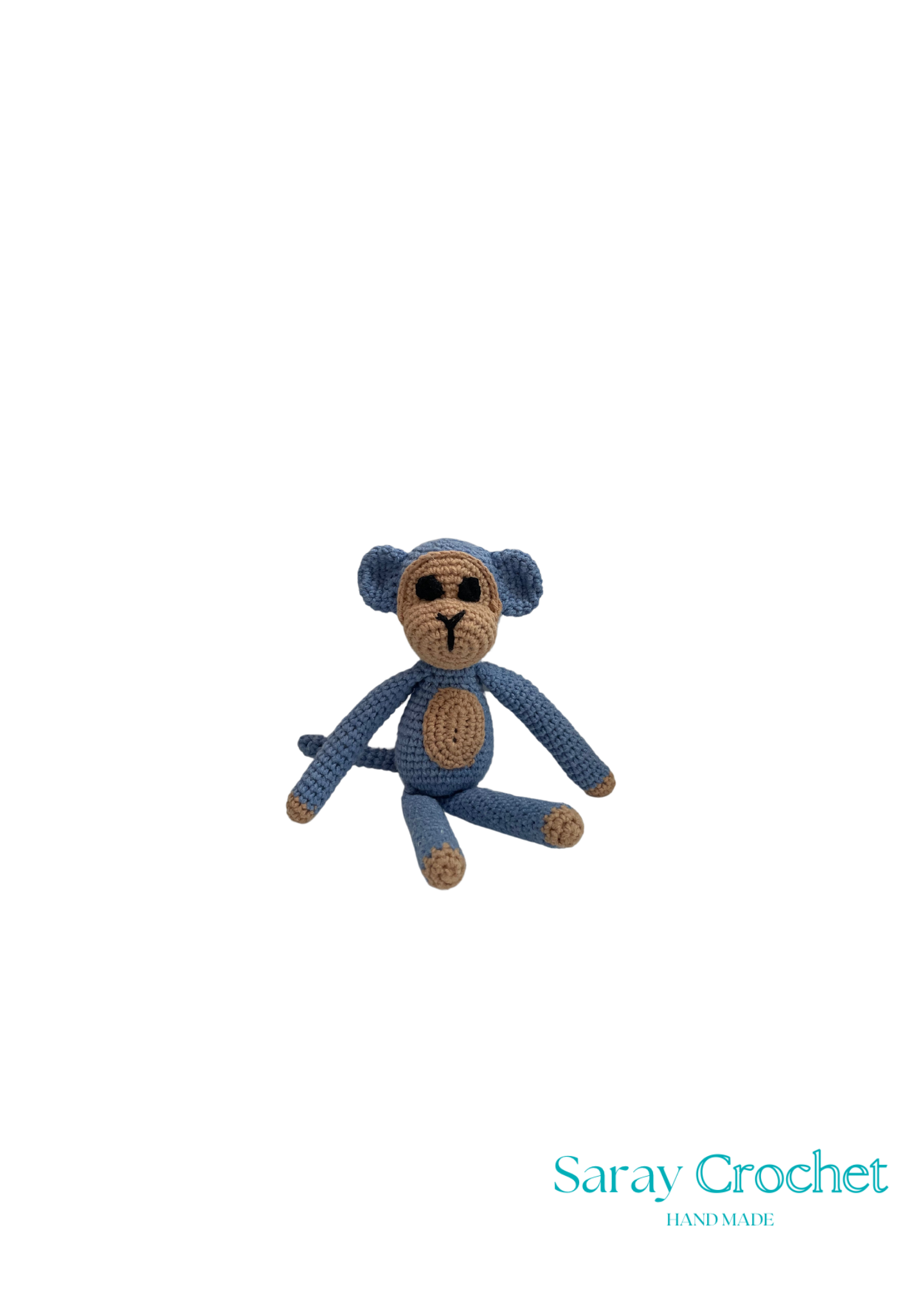 Crocheted monkey toy on a white background with 'Saray Crochet' branding.