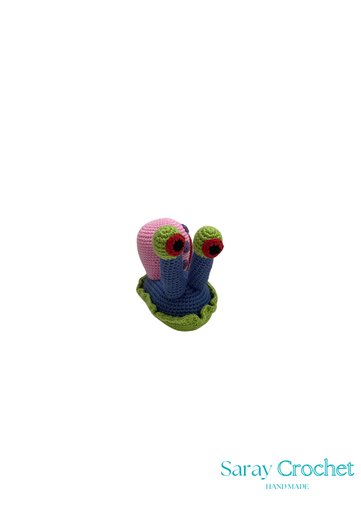 A crocheted, multicolored cactus with a face, made by Saray Crochet.