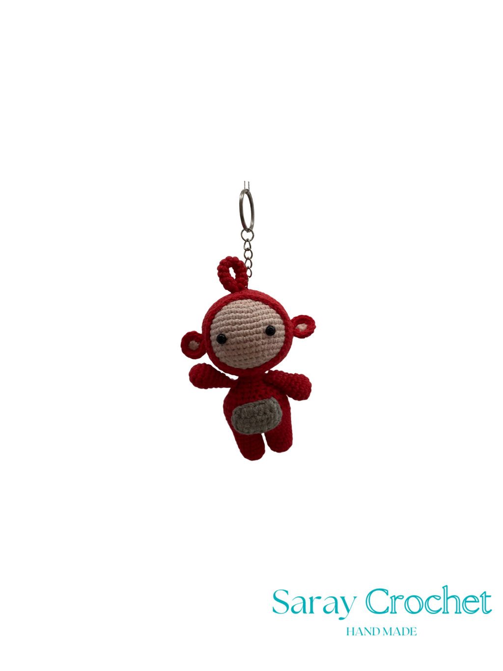 Red crochet monkey keychain on a white background with 'Saray Crochet' branding.