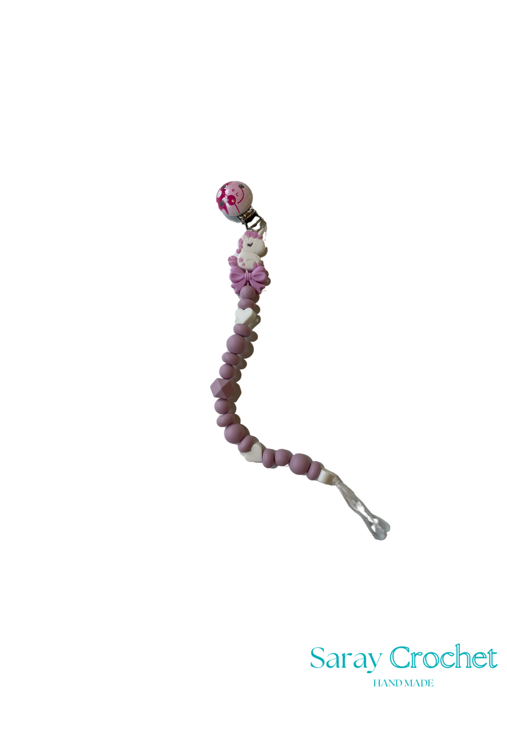 A silicone teething bead teether for a baby carrier, with purple and pink beads and a metal clip.