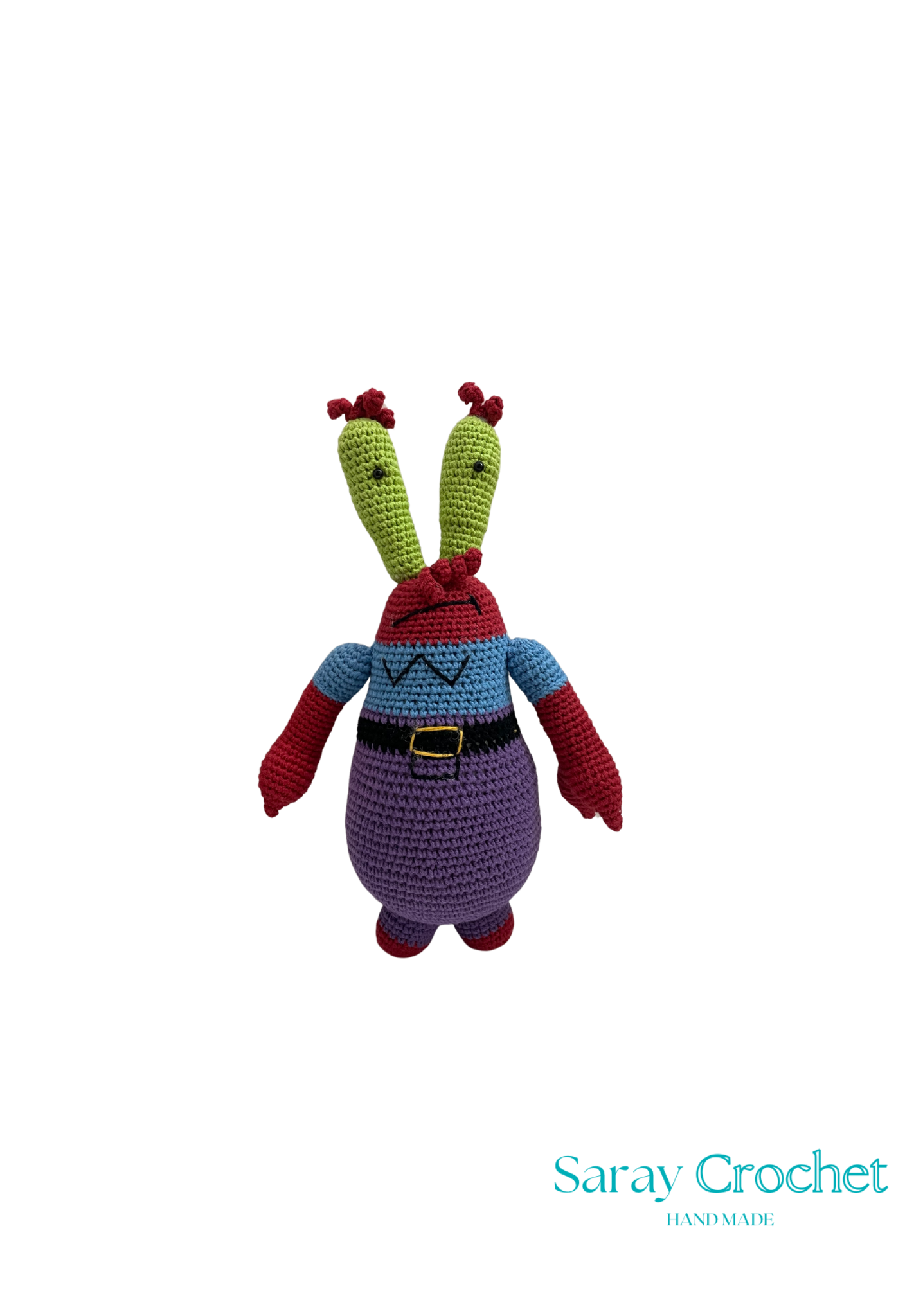 Handmade plush toy resembling a underwater creature with a red mouth and blue outfit, made from cotton, by Saray Crochet.