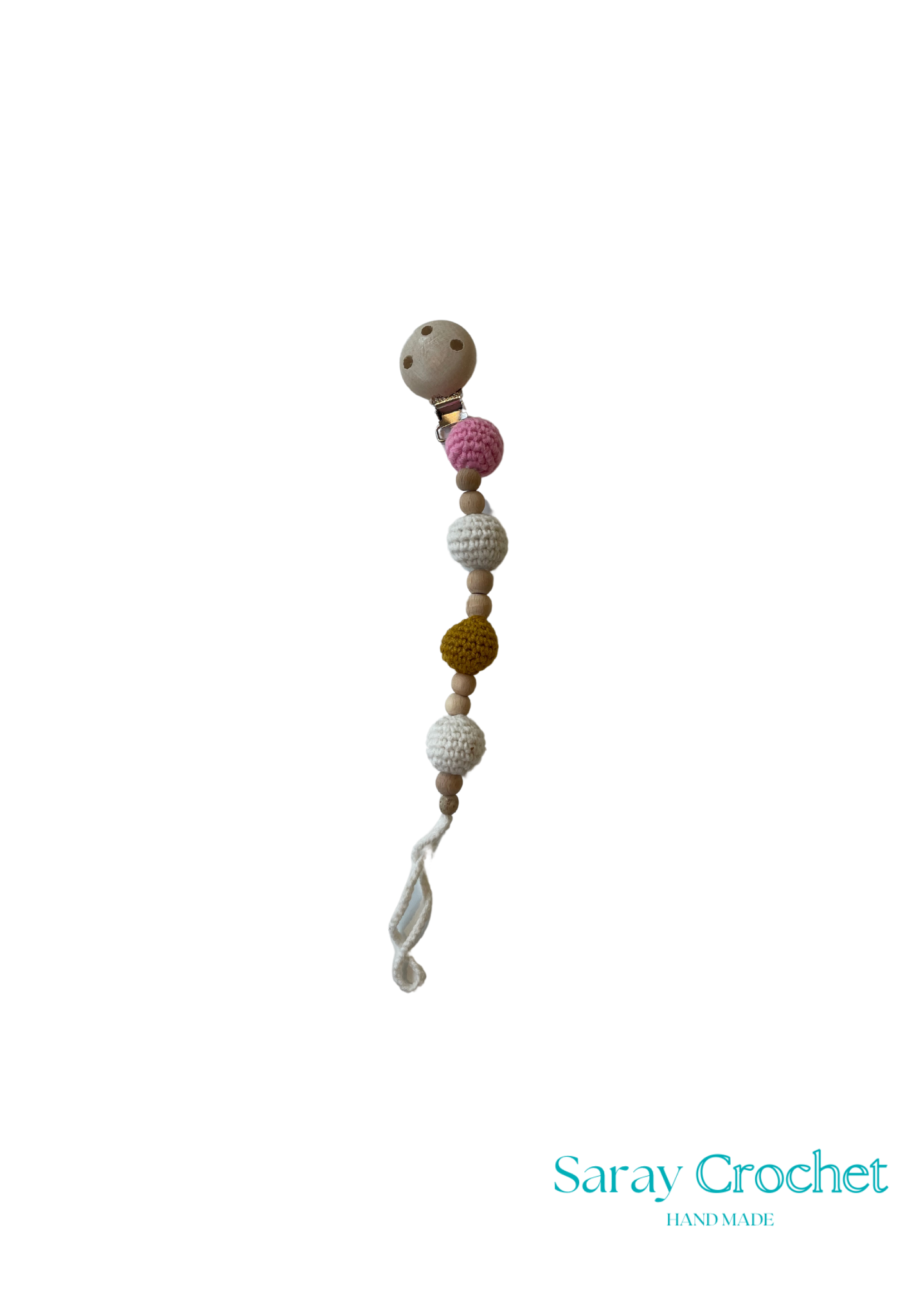 A beaded teething toy with a variety of colors including pink, white, and blue, with a small bell and a fabric attachment.