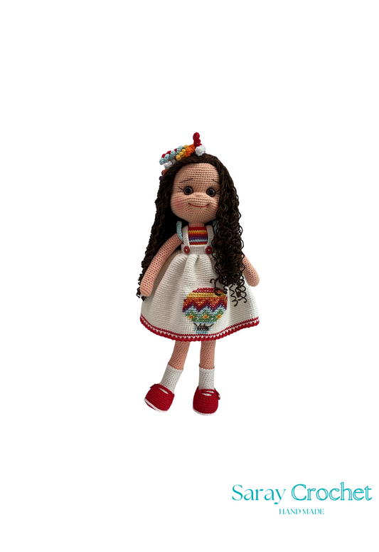 Handmade doll with a beige dress, striped balloon, and striped bow, standing approximately 40 cm tall.