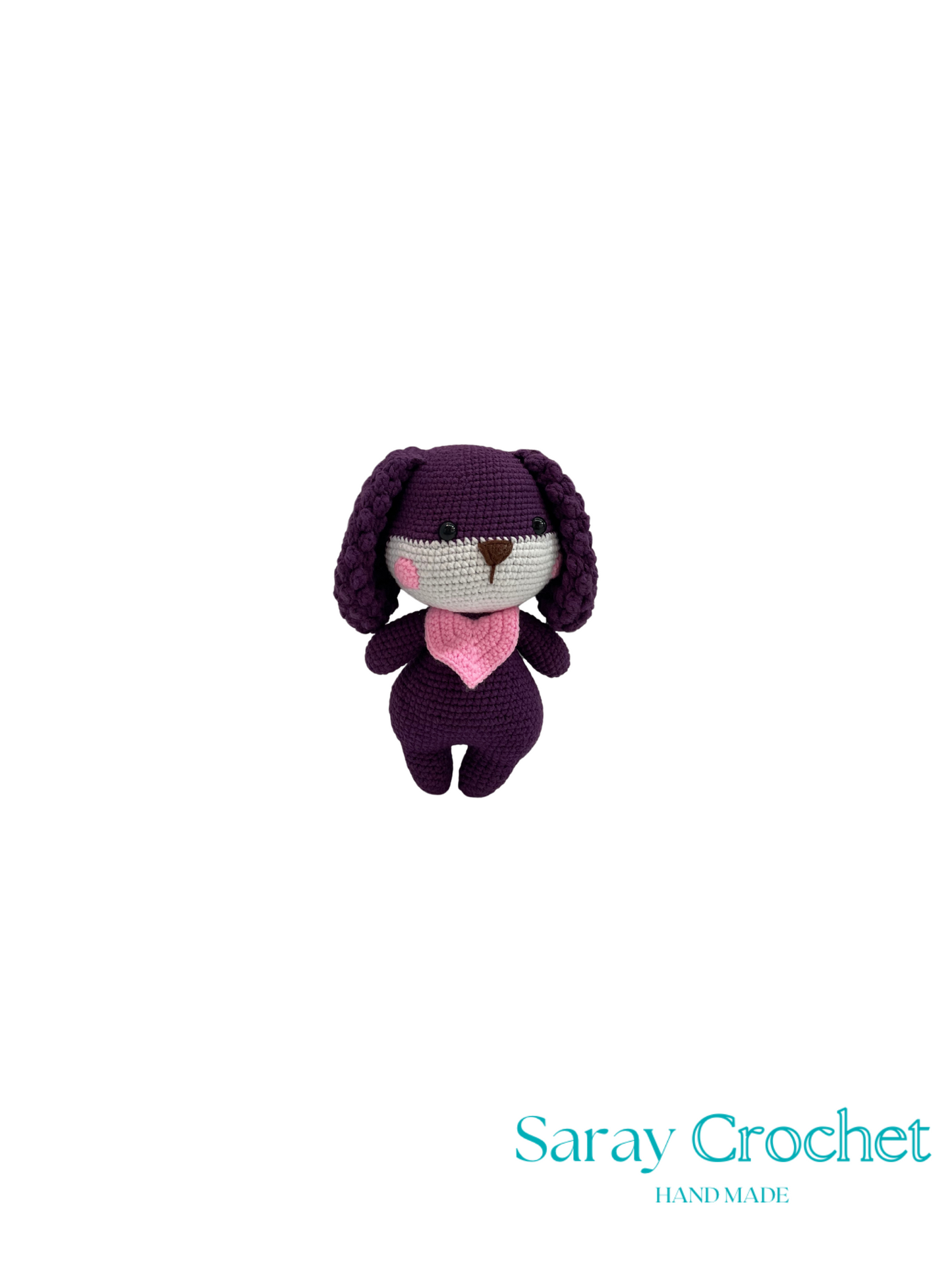 Purple crochet dog toy with a pink heart on a white background, branded 'Saray Crochet'.