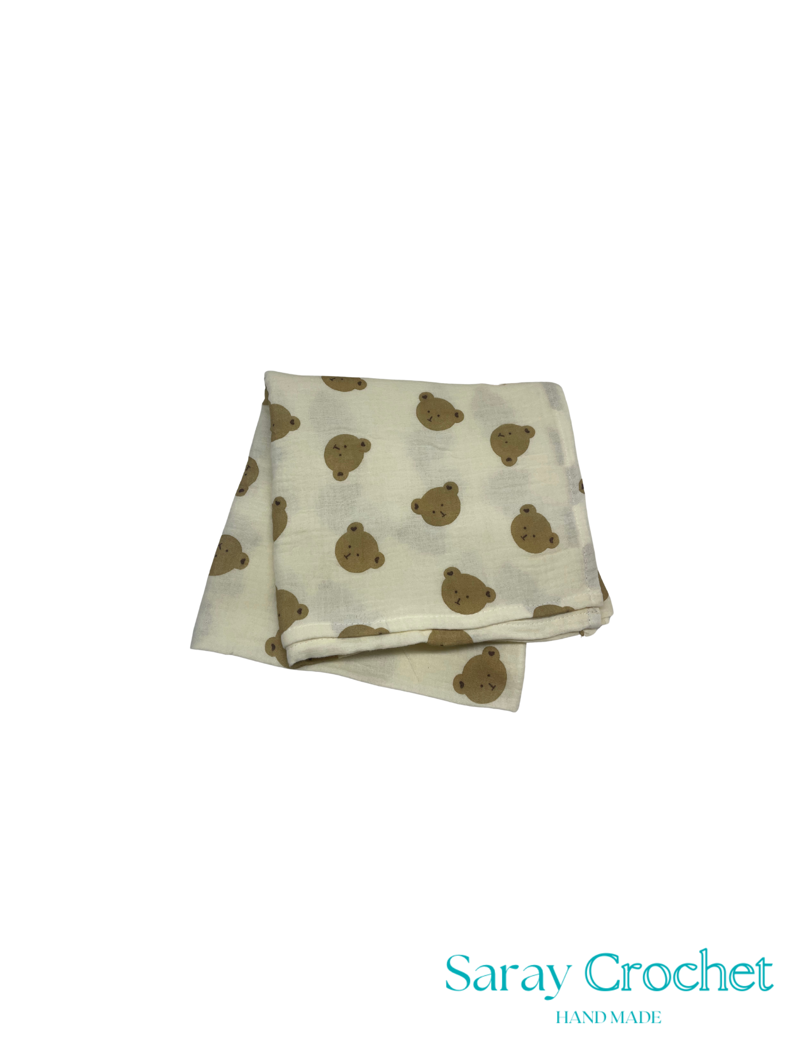 Folded fabric with brown patterns on a white background, branded 'Saray Crochet'.