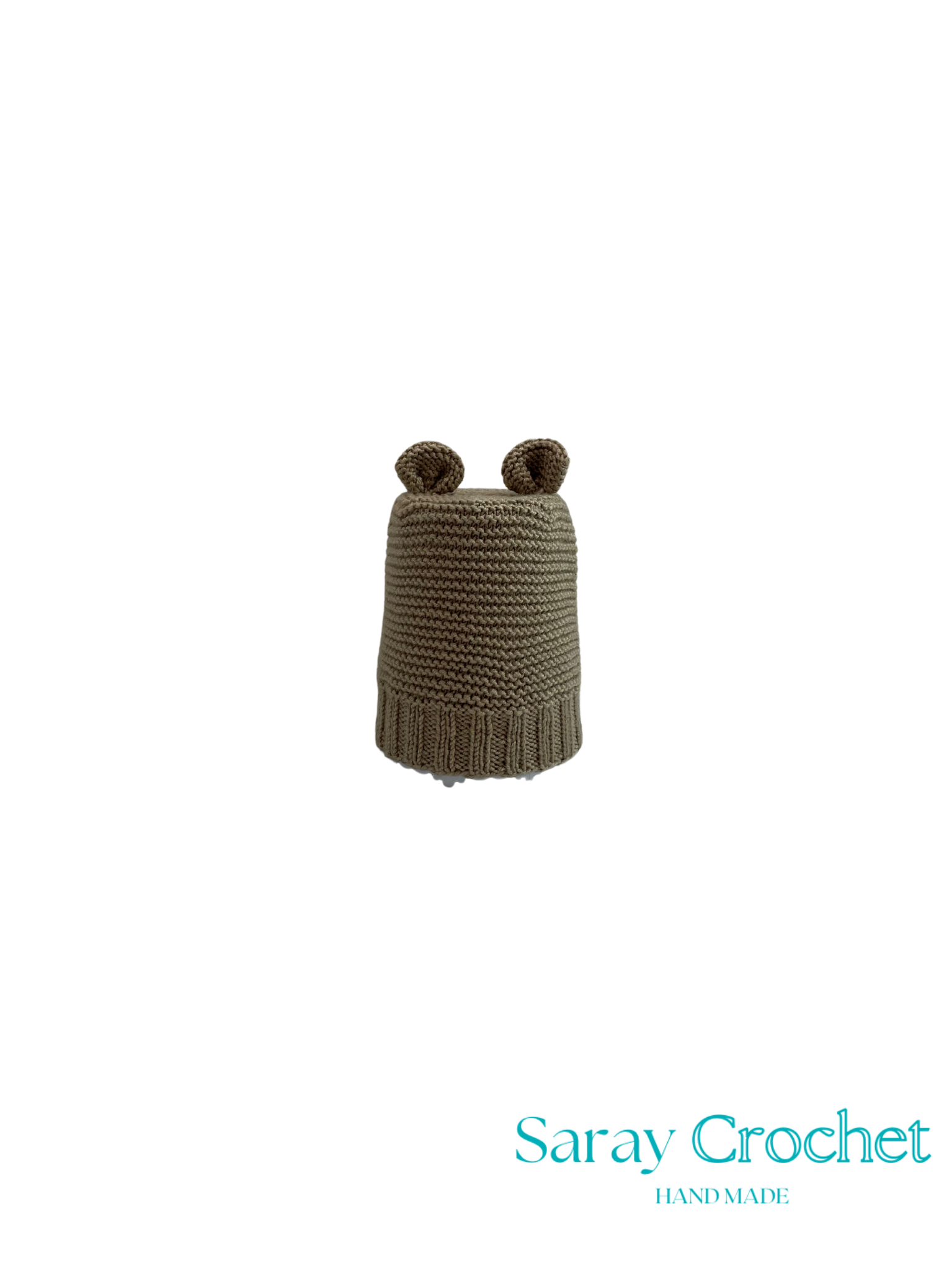 Knitted bear-shaped container on a white background with 'Saray Crochet' branding.
