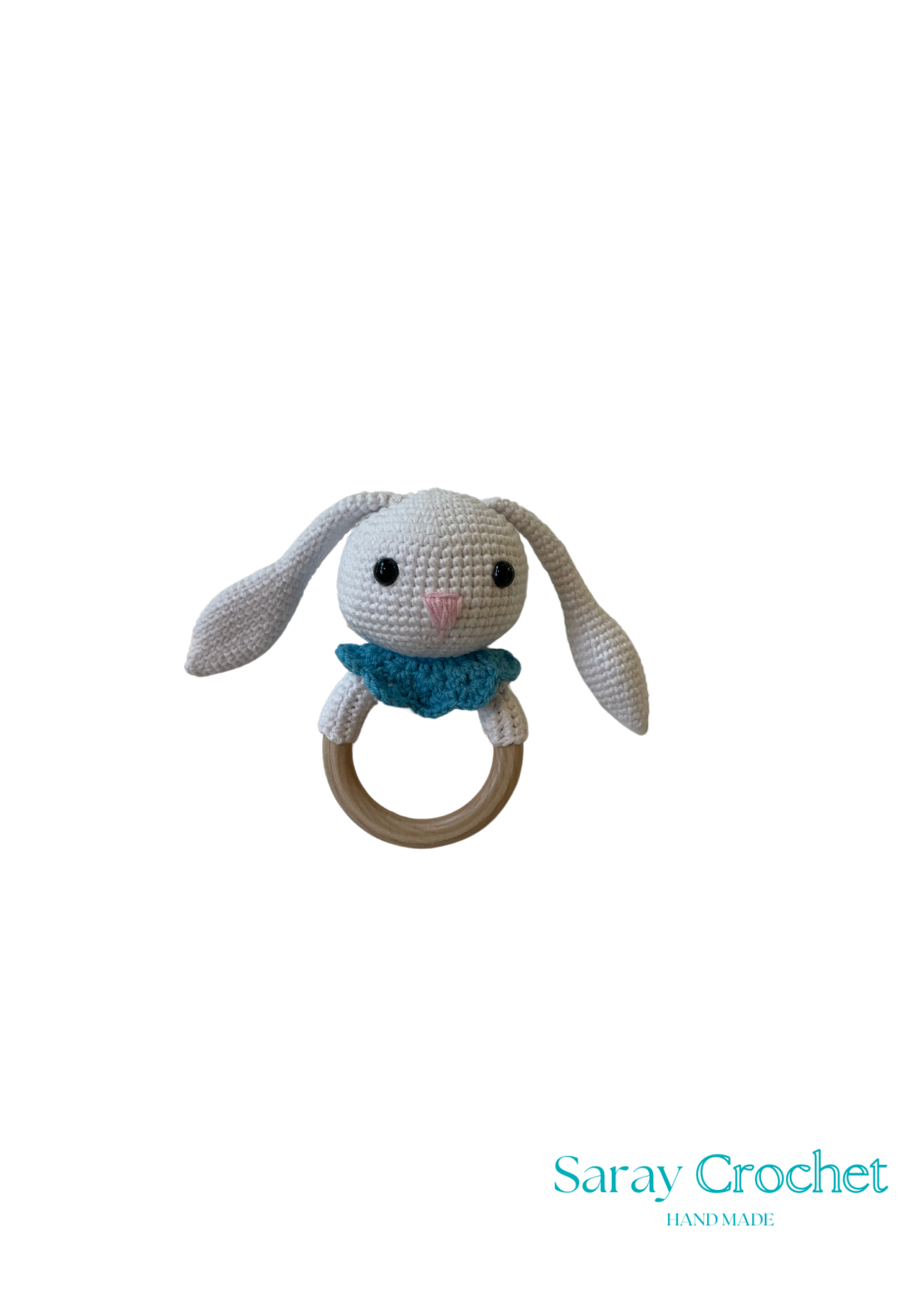 A crochet pattern for a gray and blue teething ring with a rabbit design.