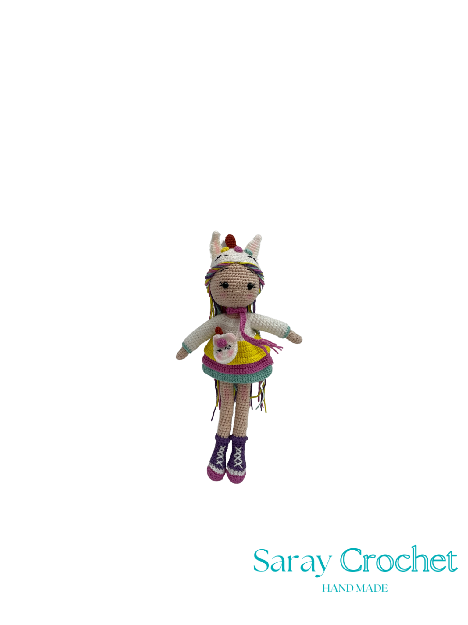 Handmade crochet unicorn toy on a white background with 'Saray Crochet' branding.