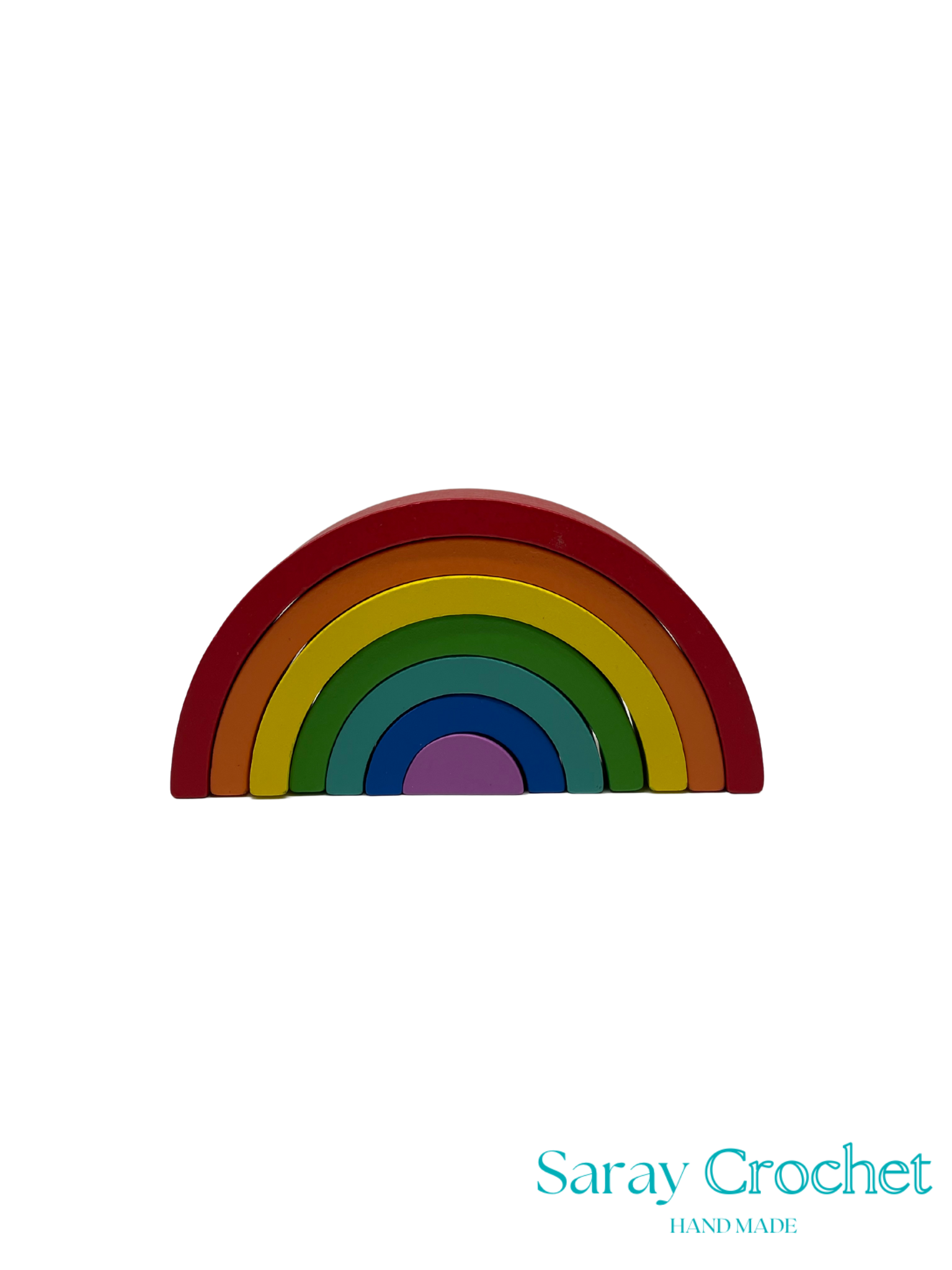 Colorful rainbow-shaped object with 'Saray Crochet' branding on a white background