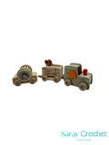 Wooden toy train set with three cars on a white background, branded 'Saray Crochet'.