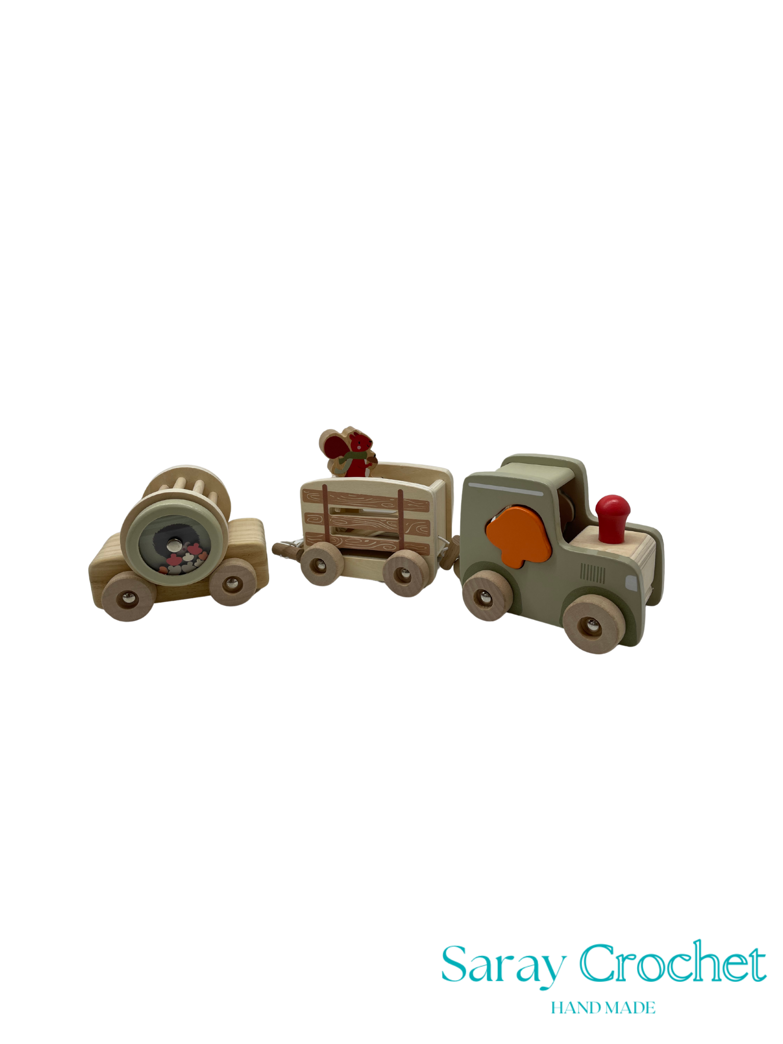 Wooden toy train set with three cars on a white background, branded 'Saray Crochet'.